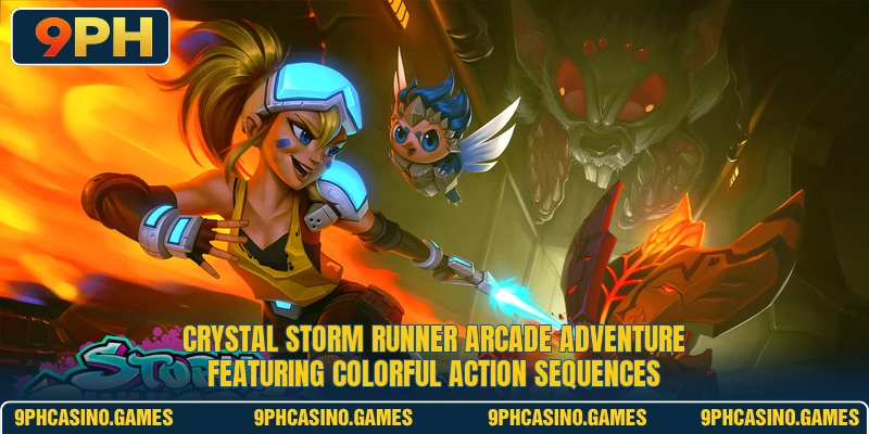 Crystal Storm Runner arcade adventure featuring colorful action sequences